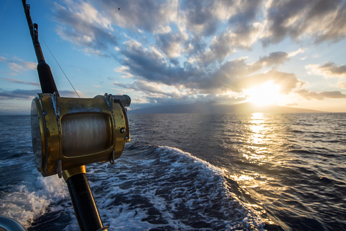 Fishing rod with reel against a sunset over shimmering ocean waters and cloudy sky.