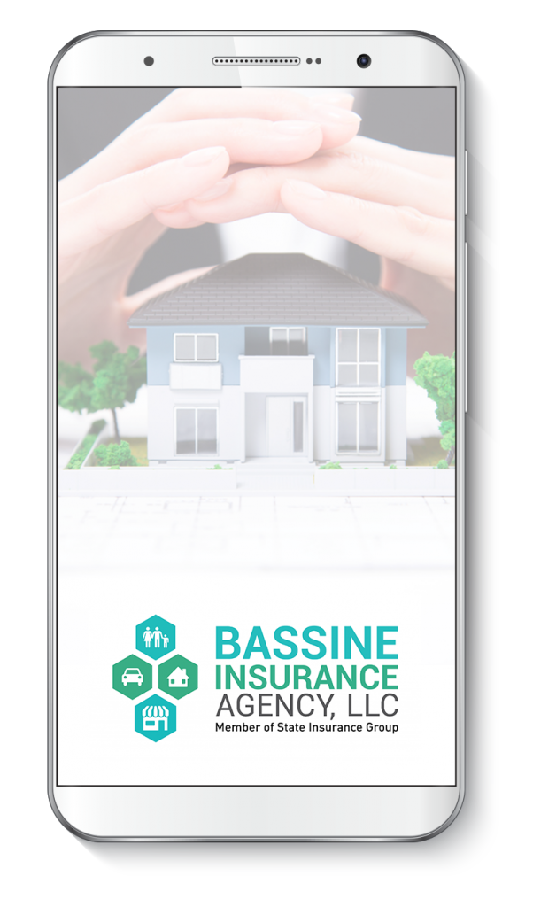 Hands positioned above a 3D model house, featuring the Bassine Insurance logo on a smartphone screen.